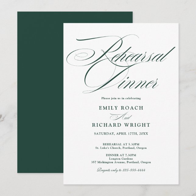 Convites Jantar de Ensaios Elegant Script Esmeralda Verde (Frente/Verso)