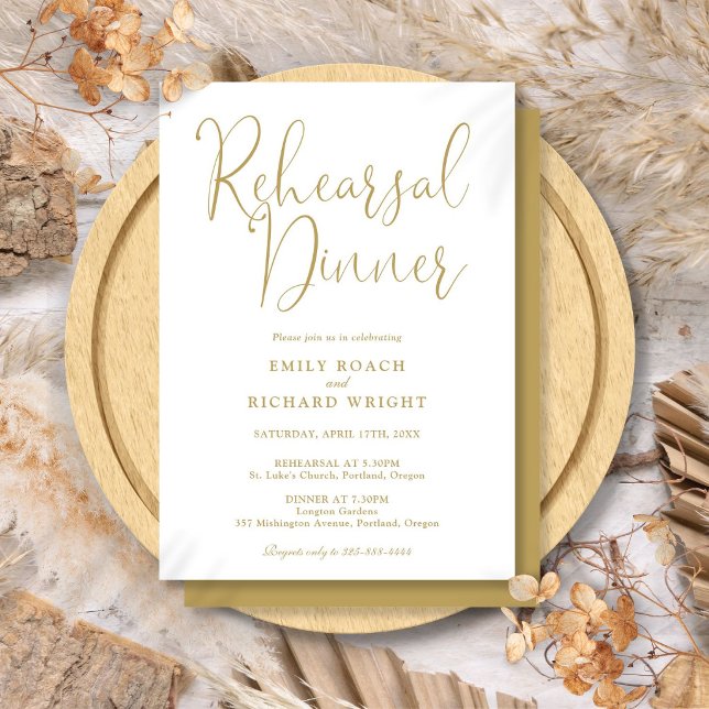 Convites Jantar de Ensaios Elegante Moderno Chique Dourado  (Elegant Modern Chic Gold Script Rehearsal Dinner Invitation)