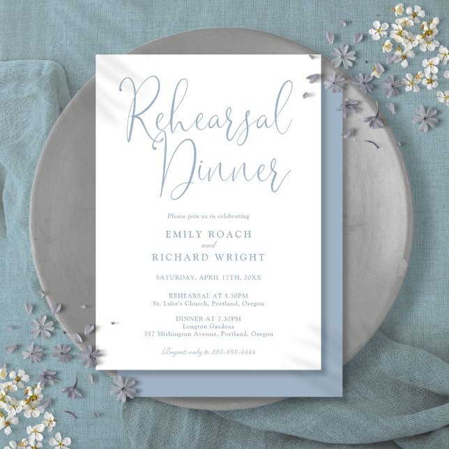 Convites Jantar de Ensaios Elegante Moderno em Azul Empoeir (Elegant Modern Script Dusty Blue Rehearsal Dinner Invitation)