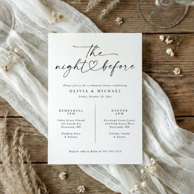 Convites Jantar de Ensaios Elegante Preto e Branco com Cali (Elegant rehearsal dinner invitations - The Night Before handwriting script with heart.)