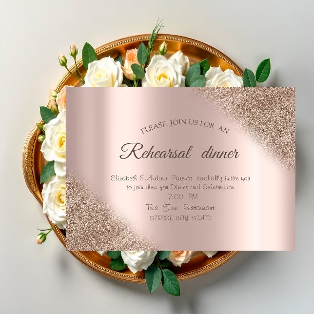 Convites Jantar de Ensaios Elegante Rosa Dourado Glitter Om (Criador carregado)