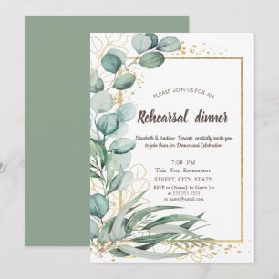 Convites Jantar de Ensaios Elegante Verde Eucalipto Dourado