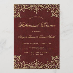 Convites Jantar de Ensaios Elegante Vintage Dourado Borgonh