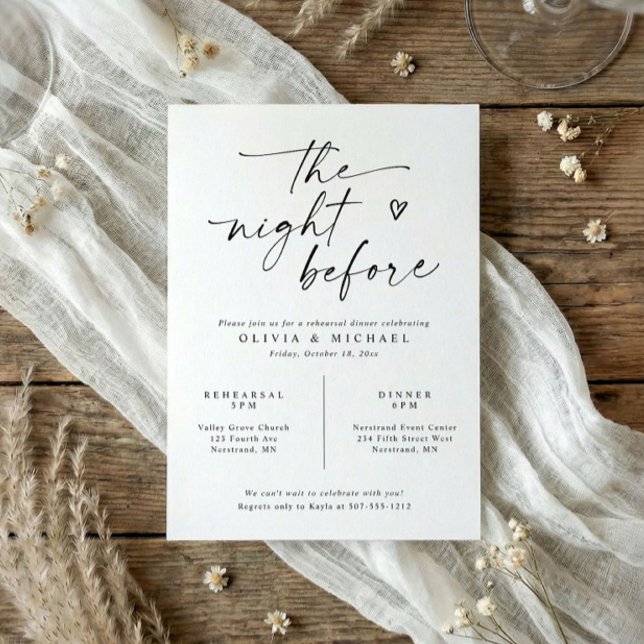 Convites Jantar de Ensaios Escrita Moderna Preta e Branca (Modern black and white rehearsal dinner invitation with handwritten script heart)