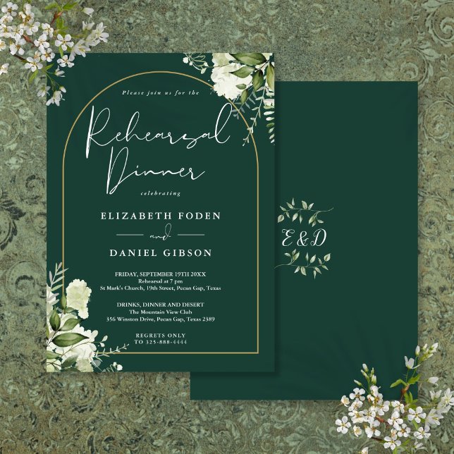 Convites Jantar de Ensaios Esmeralda Verde Dourado Arco (Gold Arch Emerald Greenery Rehearsal Dinner Invitation)