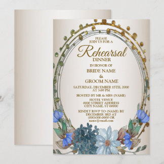 Convites Jantar de Ensaios Festa Azul Floral Dourado Vintag