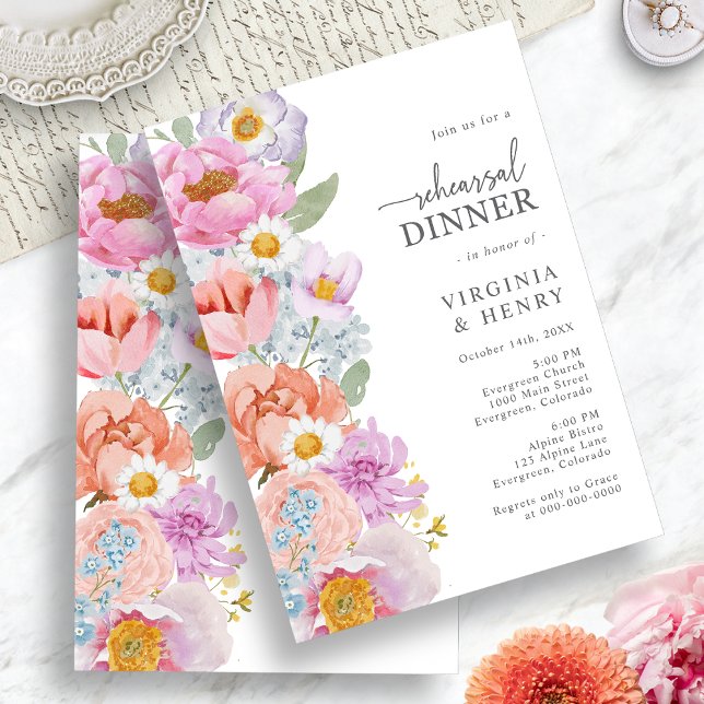 Convites Jantar de Ensaios Florais Brilhantes (Bright Floral Rehearsal Dinner Invitation by Painted Paperie
)