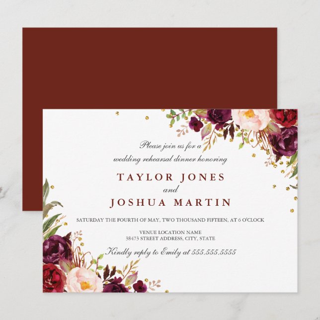 Convites Jantar de Ensaios Florais Burgundy Sparkle (Frente/Verso)
