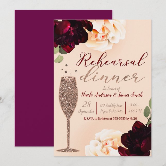 Convites Jantar de Ensaios Florais com Champanhe e Marsala  (Frente/Verso)