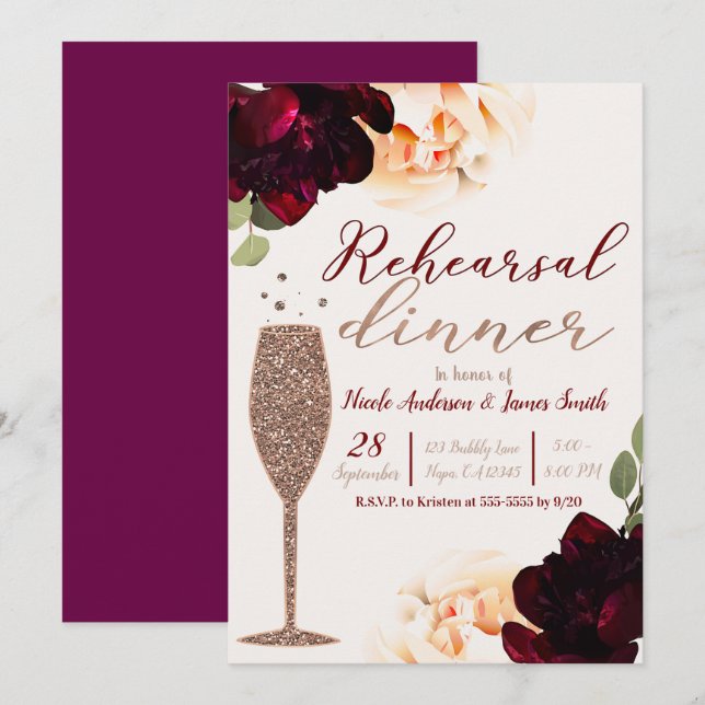 Convites Jantar de Ensaios Florais de Champanhe Rosa Dourad (Frente/Verso)