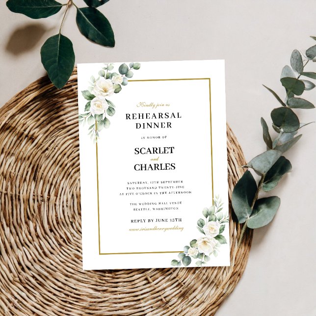 Convites Jantar de Ensaios Florais de Rosa Branca Eucalipto (Eucalyptus white rose rehearsal dinner invitation sets a warm tone for your celebration.)