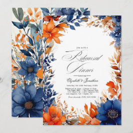 Convites Jantar de Ensaios Florais em Aquarela Azul Marinho