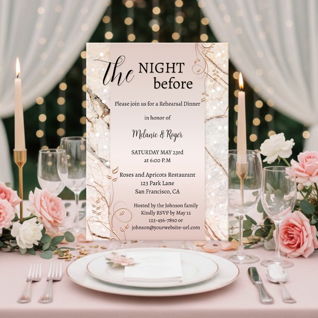 Convites Jantar de Ensaios Florais em Rose Gold Mármore (Rehearsal dinner invitation featuring festive rose gold floral swirls on blush pink and marble)