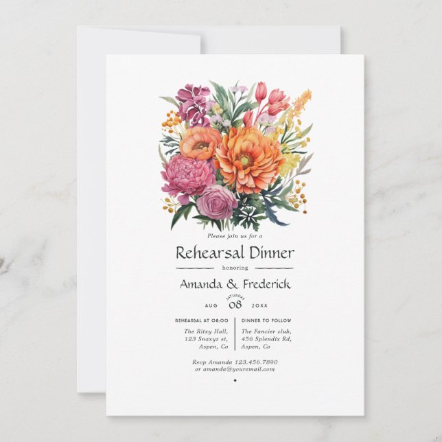Convites Jantar de Ensaios Florais Rosa, Laranja e Verde (Frente)