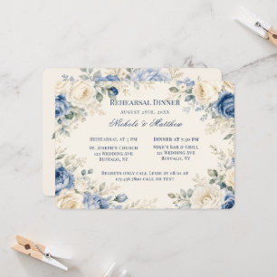 Convites Jantar de Ensaios Floral Azul e Creme