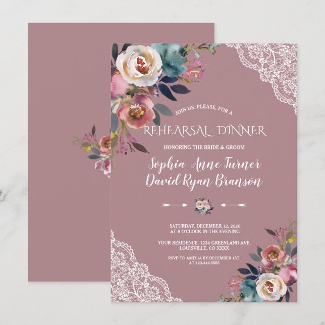Convites Jantar de Ensaios Floral Azul Poeira Rosa Poeira C (Frente/Verso)