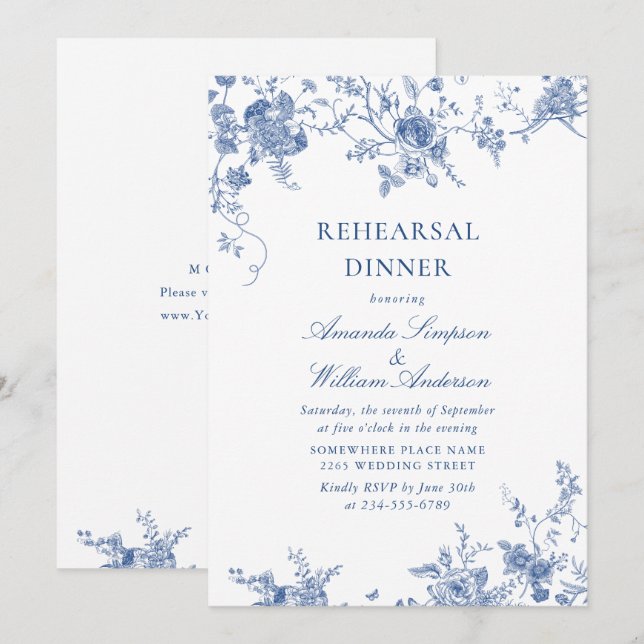 Convites Jantar de Ensaios Floral Azul Vitoriano Elegante (Frente/Verso)