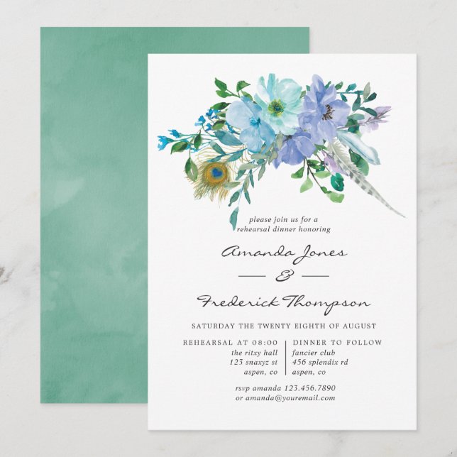 Convites Jantar de Ensaios Floral Boho com Hortelã e Azul (Frente/Verso)