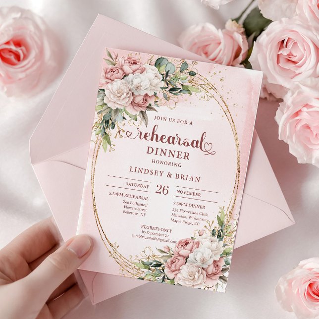 Convites Jantar de Ensaios Floral Boho Rosa Elegante (Elegant Boho Rose Gold Floral Rehearsal Dinner)