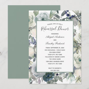 Convites Jantar de Ensaios Floral Branco Verde Azul Elegant