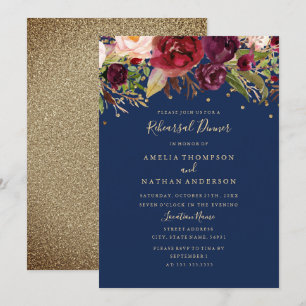 Convites Jantar de Ensaios Floral Burgundy Gold Navy