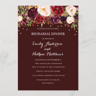 Convites Jantar de Ensaios Floral Confete Dourado Borgonha
