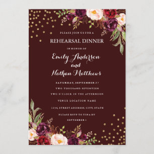 Convites Jantar de Ensaios Floral Confete Dourado Borgonha