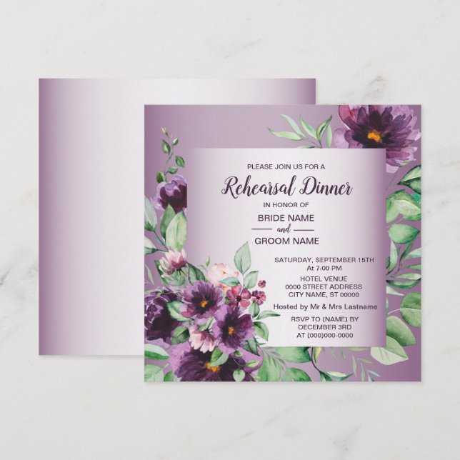 Convites Jantar de Ensaios Floral Geométrico Verde Roxo (Frente/Verso)