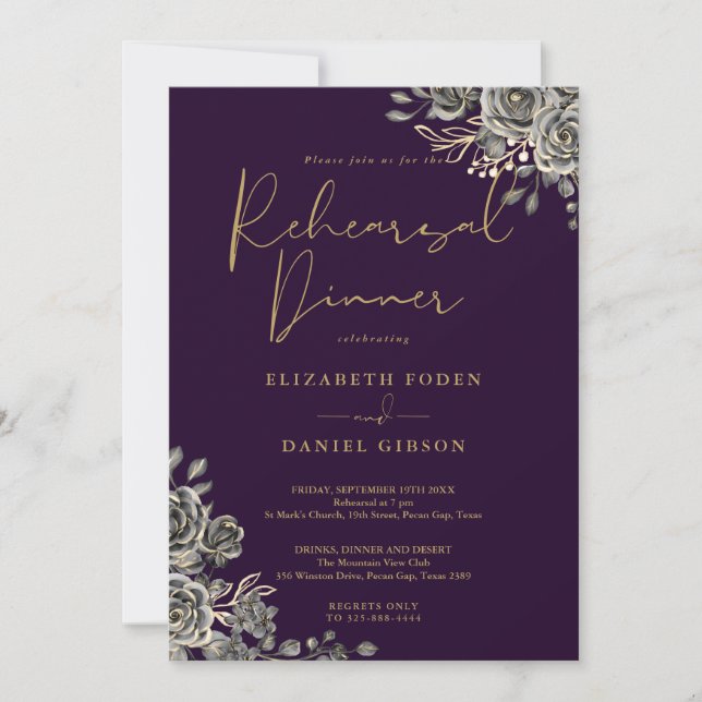 Convites Jantar de Ensaios Floral Gótico Roxo e Dourado (Frente)