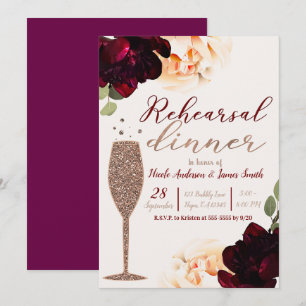 Convites Jantar de Ensaios Floral Rosa Champagne Dourado