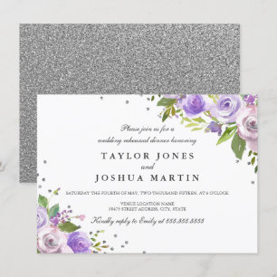 Convites Jantar de Ensaios Floral Roxo Brilho Prata