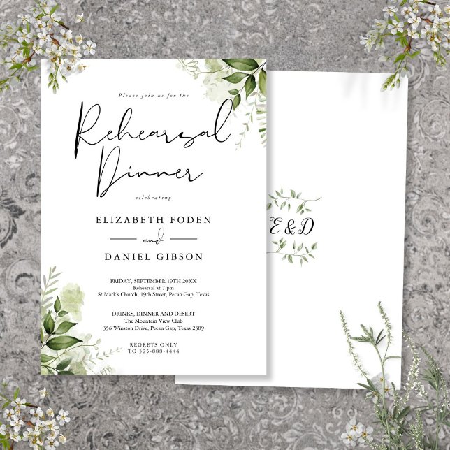 Convites Jantar de Ensaios Floral Verde Elegante (Greenery Floral Elegant Rehearsal Dinner Invitation)