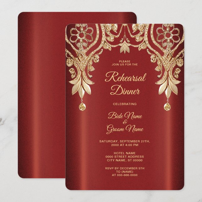 Convites Jantar de Ensaios Floral Vermelho Dourado Moderno (Frente/Verso)
