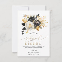 Convites Jantar de Ensaios Flores Preto Branco Dourado