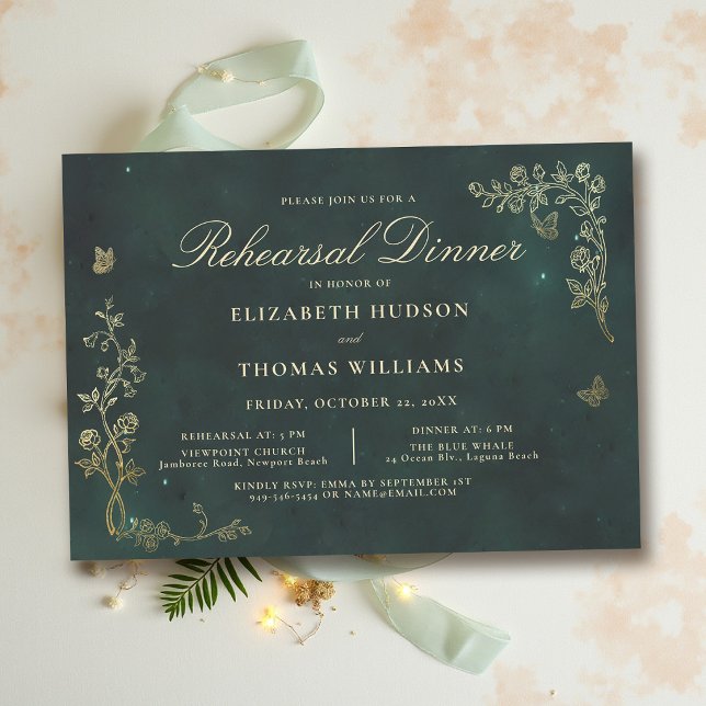 Convites Jantar de Ensaios Floresta Fairycore Esmeralda Ver (forest wedding invitation rehearsal dinner invite fairycore woodland wild roses vines butterflies)