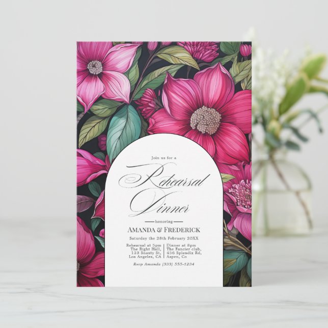 Convites Jantar de Ensaios Fuchsia, Verde Esmeralda e Preto (Em pé/Frente)