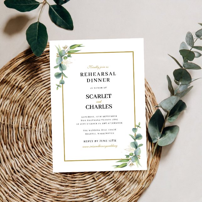 Convites Jantar de Ensaios Geométrico com Verde de Eucalipt (Eucalyptus greenery geometric rehearsal dinner invitation welcomes guests with modern elegance.)