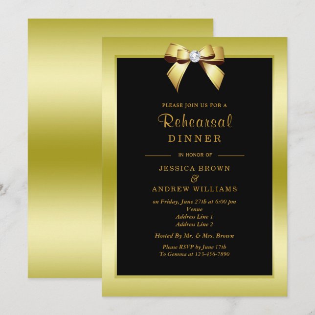 Convites Jantar de Ensaios Glam Gold Bow & Black (Frente/Verso)