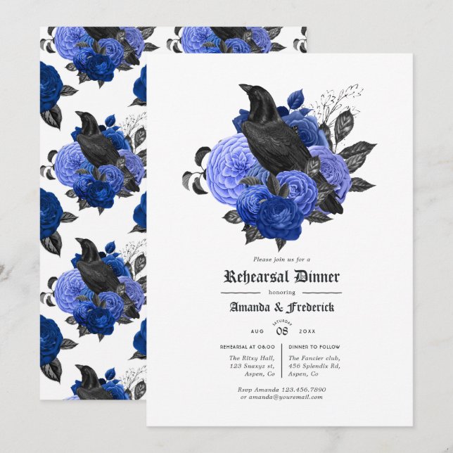 Convites Jantar de Ensaios Glam Royal Blue Raven Gótico (Frente/Verso)