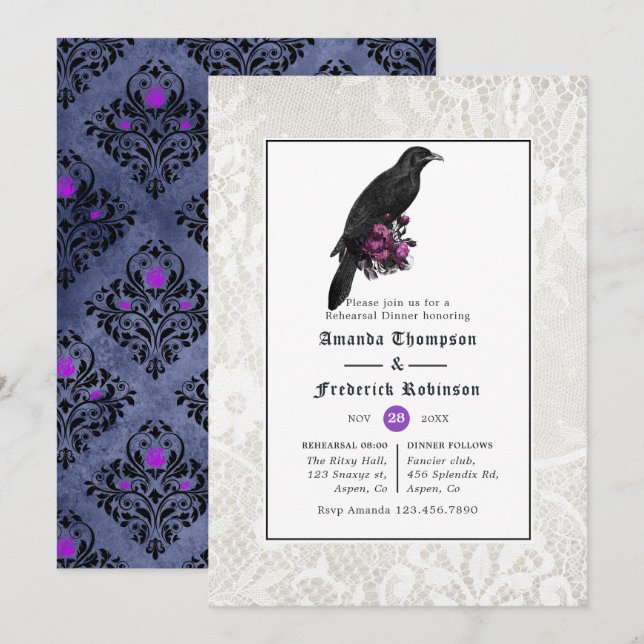 Convites Jantar de Ensaios Gótico com Damask Floral e Renda (Frente/Verso)