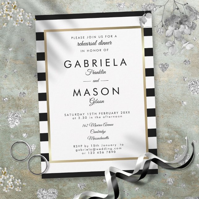 Convites Jantar de Ensaios Moderno Clássico com Faixa e Bor (Modern Classic Stripe Gold Border Rehearsal Dinner Invitation)