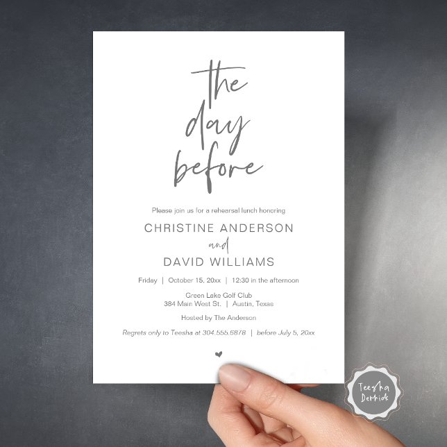 Convites Jantar de Ensaios Moderno, O dia anterior (The day before, Wedding Rehearsal Lunch Invitation Card, Modern Minimalist Script, Dark Grey)