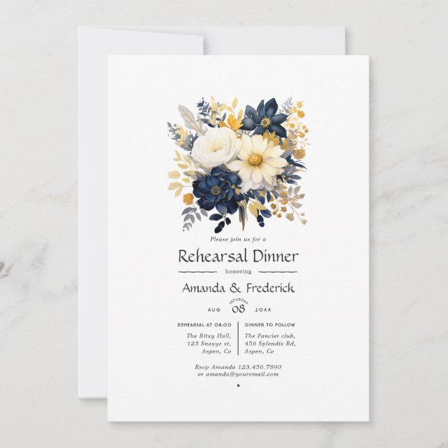 Convites Jantar de Ensaios Navais Florais Branco e Dourado (Frente)