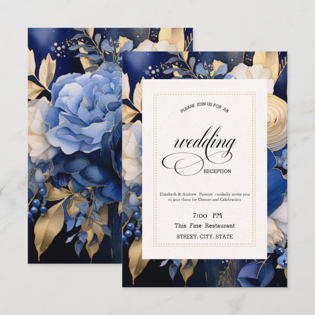 Convites Jantar de Ensaios Navy Blue Cream Flowers (Frente/Verso)