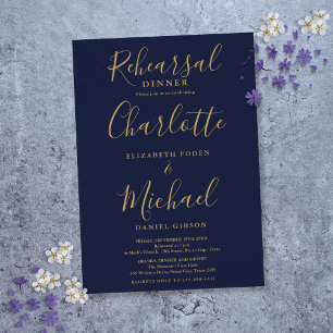 Convites Jantar de Ensaios Navy Blue Gold Signature Script