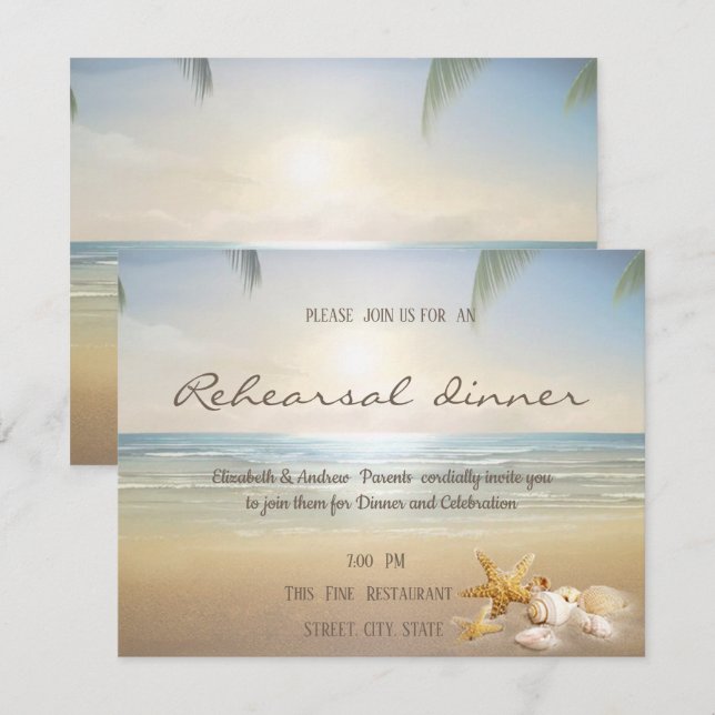 Convites Jantar de Ensaios Palms Sunset Beach Seashells (Frente/Verso)