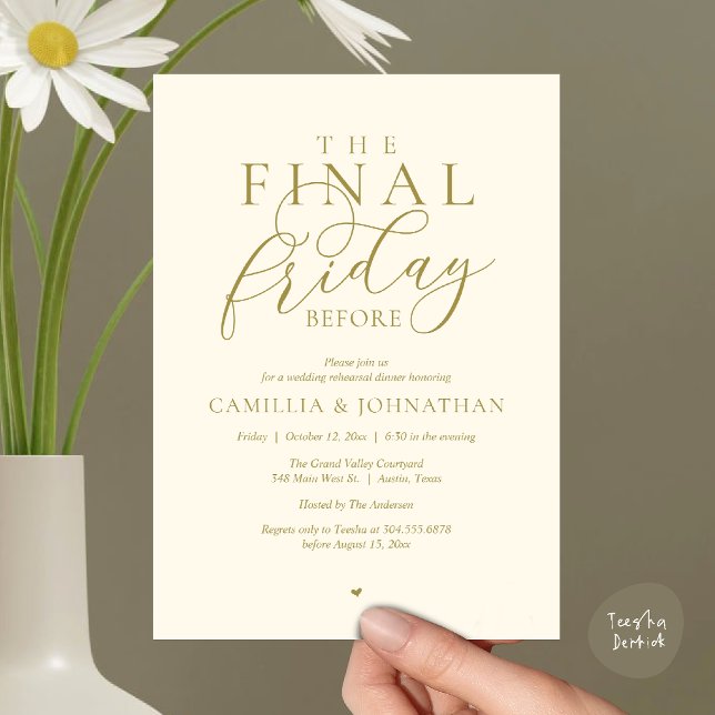 Convites Jantar de Ensaios Românticos “A Última Sexta-Feira (“The Final Friday Before” Romance Rehearsal Dinner Invitation Card in Yellow Gold Cream)