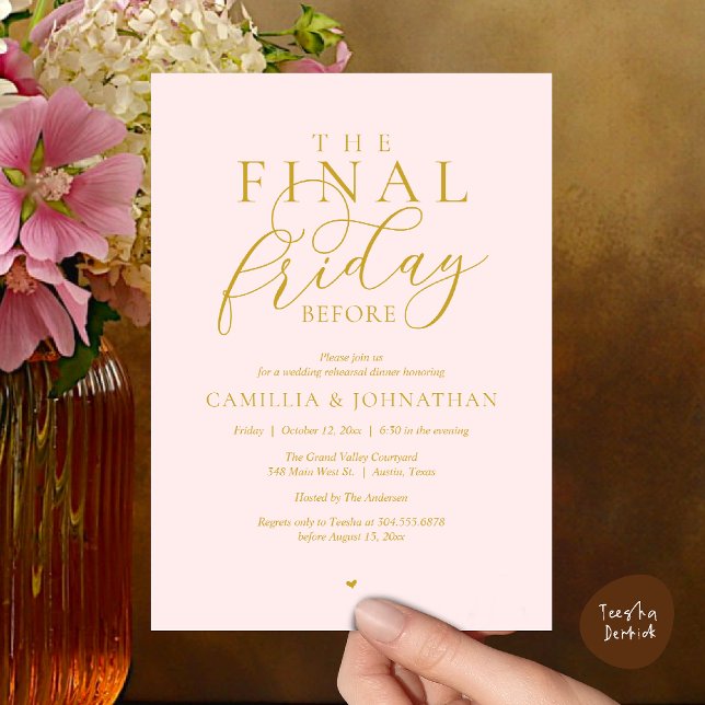 Convites Jantar de Ensaios Românticos “A Última Sexta-Feira (“The Final Friday Before” Romance Rehearsal Dinner Invitation Card in Blush Gold)