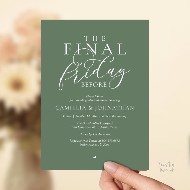 Convites Jantar de Ensaios Românticos “A Última Sexta-Feira (“The Final Friday Before” Romance Rehearsal Dinner Invitation Card in Sage Green)