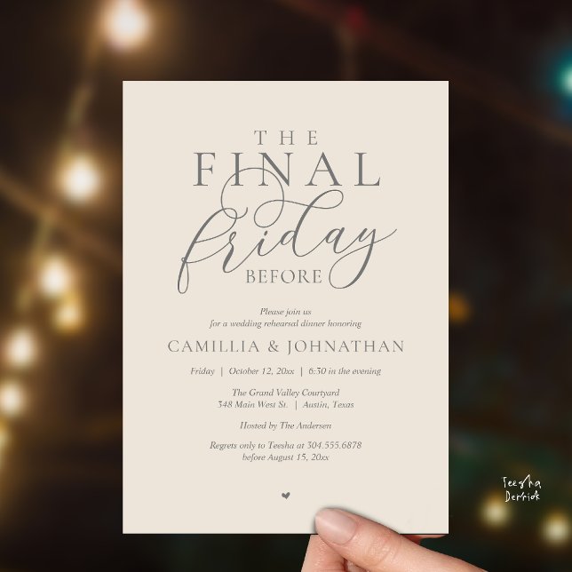 Convites Jantar de Ensaios Românticos “A Última Sexta-Feira (“The Final Friday Before” Romance Rehearsal Dinner Invitation Card in Cream Grey)